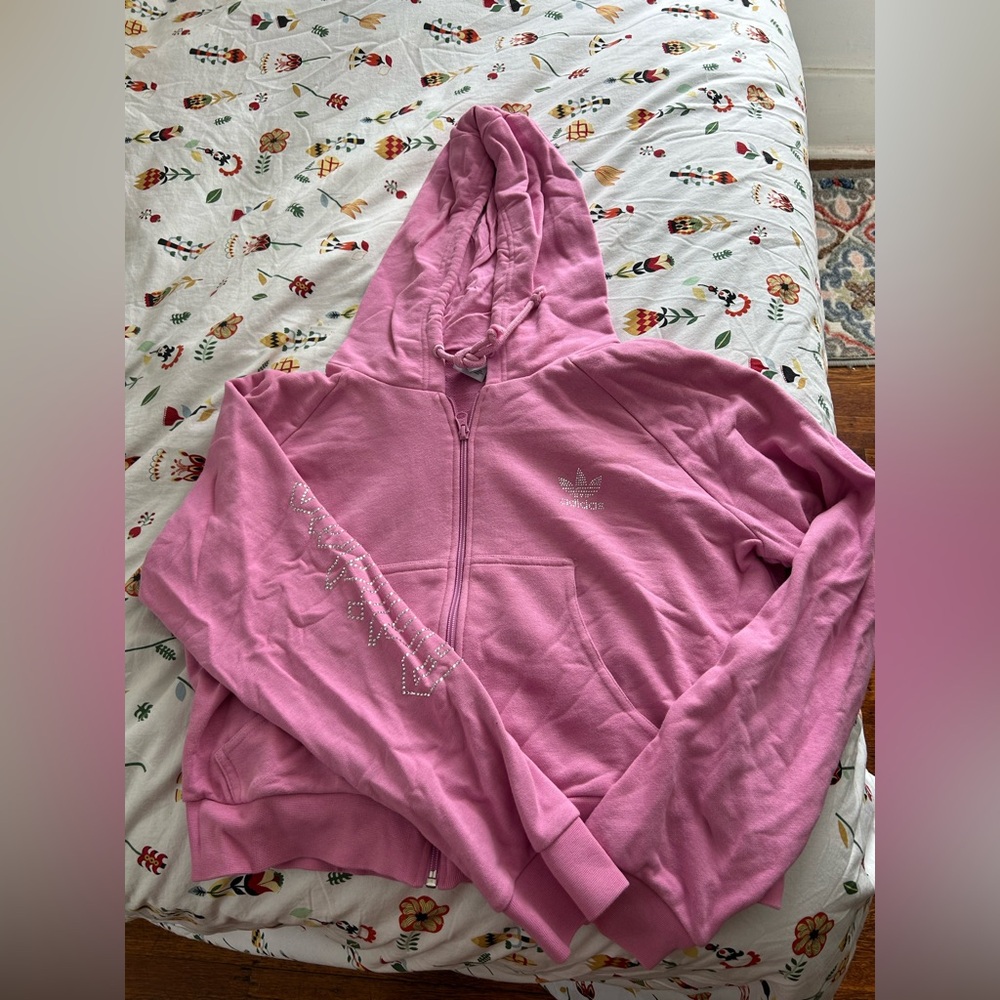 Adidas pale purple pink trefoil zip up cropped hoodie with bling